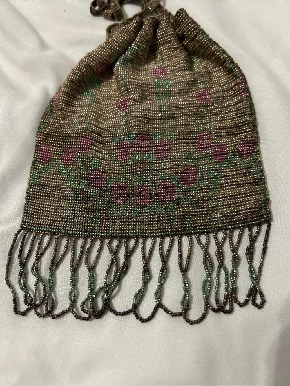 1920s Antique Beaded Drawstring Evening Bag in Olive with Pink Accents